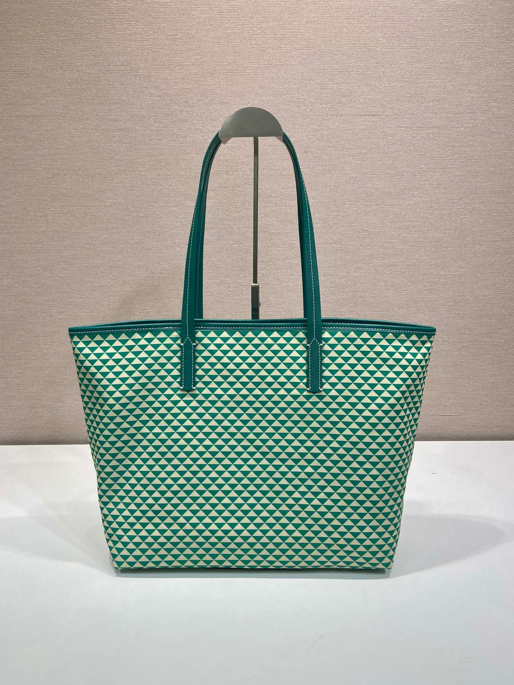 PRADA TOTE BAG 33 IN FOREST GREEN MIX CREAM TRIANGLE PATTERN EMBROIDERED FABRIC