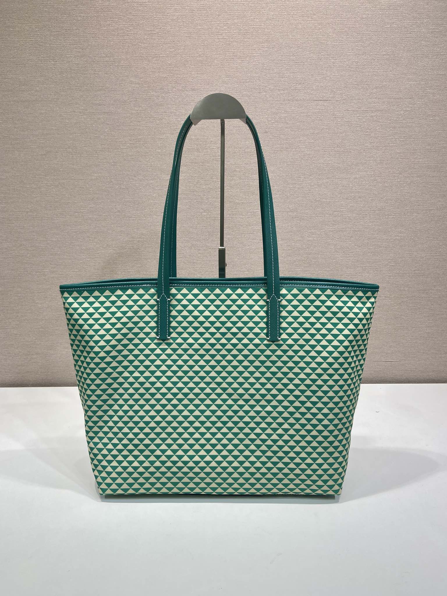 PRADA TOTE BAG 33 IN FOREST GREEN MIX CREAM TRIANGLE PATTERN EMBROIDERED FABRIC