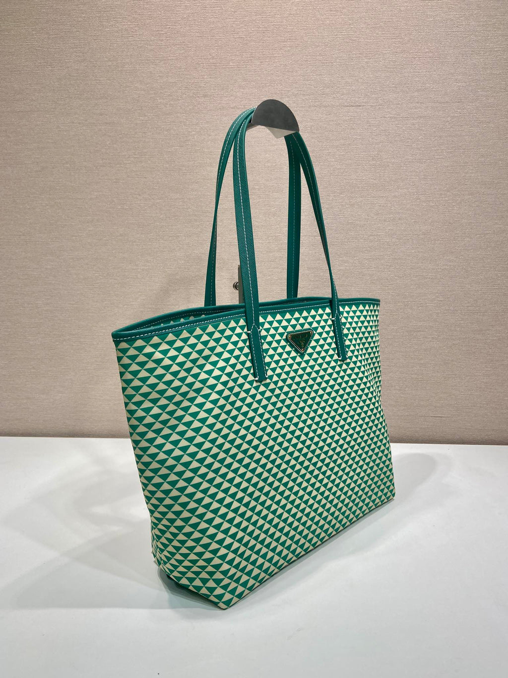 PRADA TOTE BAG 33 IN FOREST GREEN MIX CREAM TRIANGLE PATTERN EMBROIDERED FABRIC