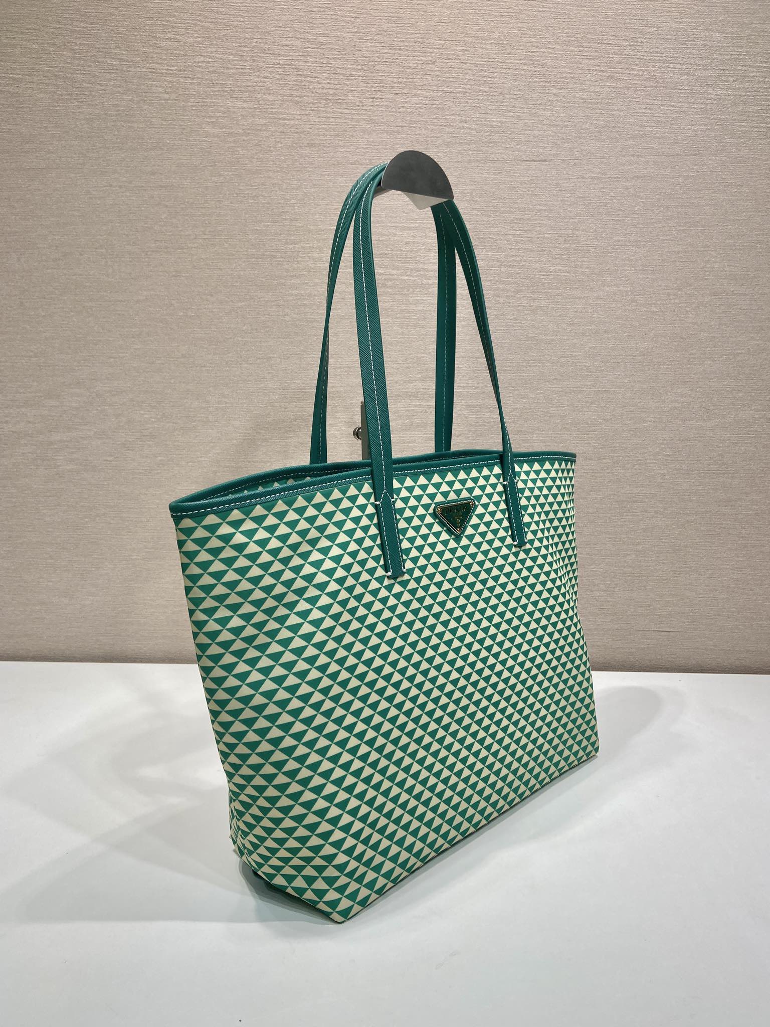 PRADA TOTE BAG 33 IN FOREST GREEN MIX CREAM TRIANGLE PATTERN EMBROIDERED FABRIC