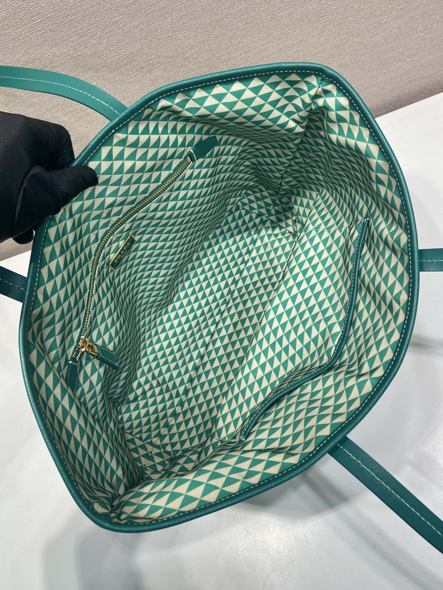PRADA TOTE BAG 33 IN FOREST GREEN MIX CREAM TRIANGLE PATTERN EMBROIDERED FABRIC