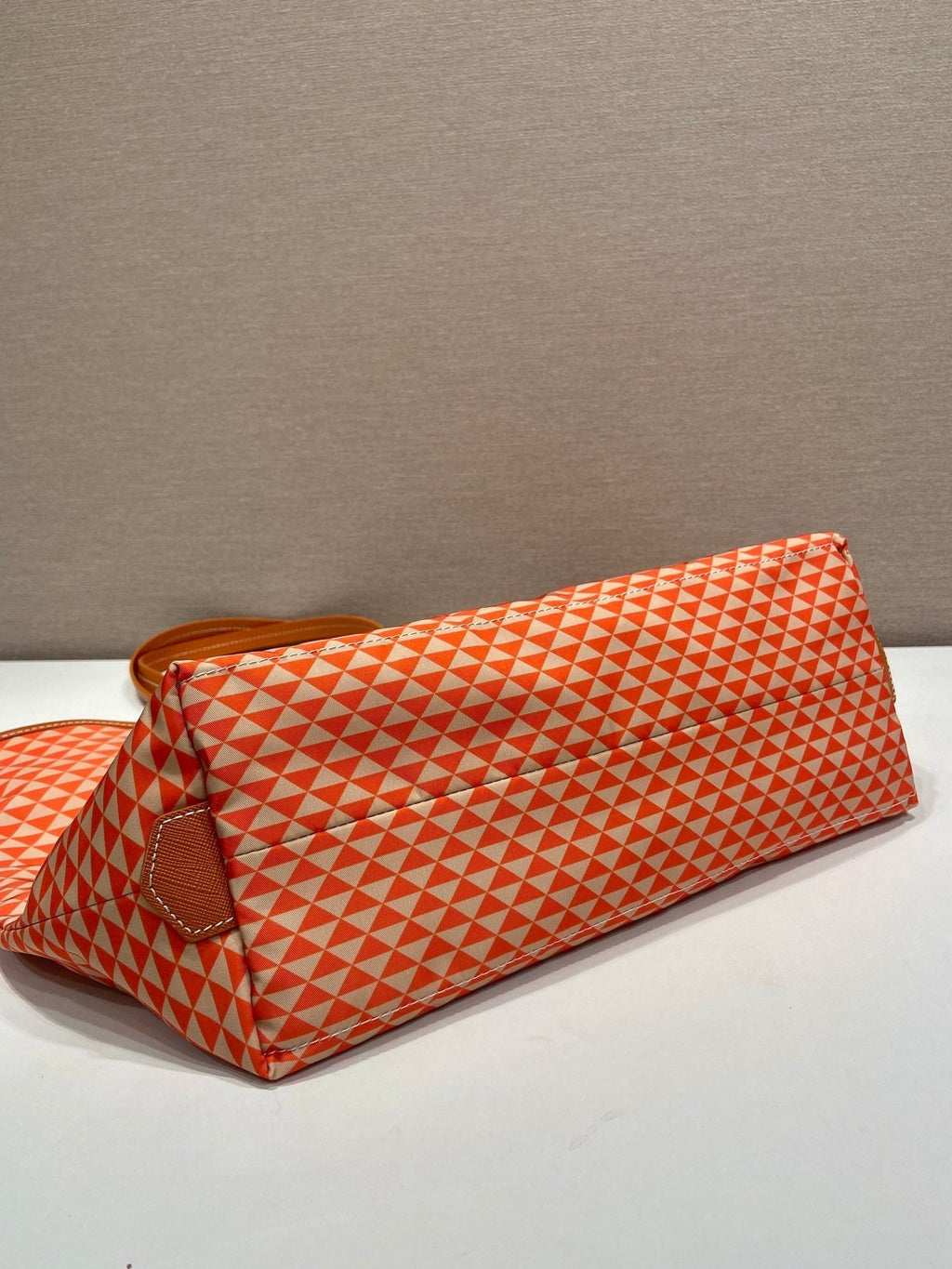 PRADA TOTE BAG 33 IN ORANGE MIX WHITE TRIANGLE PATTERN EMBROIDERED FABRIC