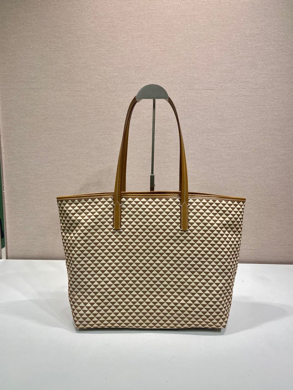 PRADA TOTE BAG 33 IN BROWN MIX CREAM TRIANGLE PATTERN EMBROIDERED FABRIC