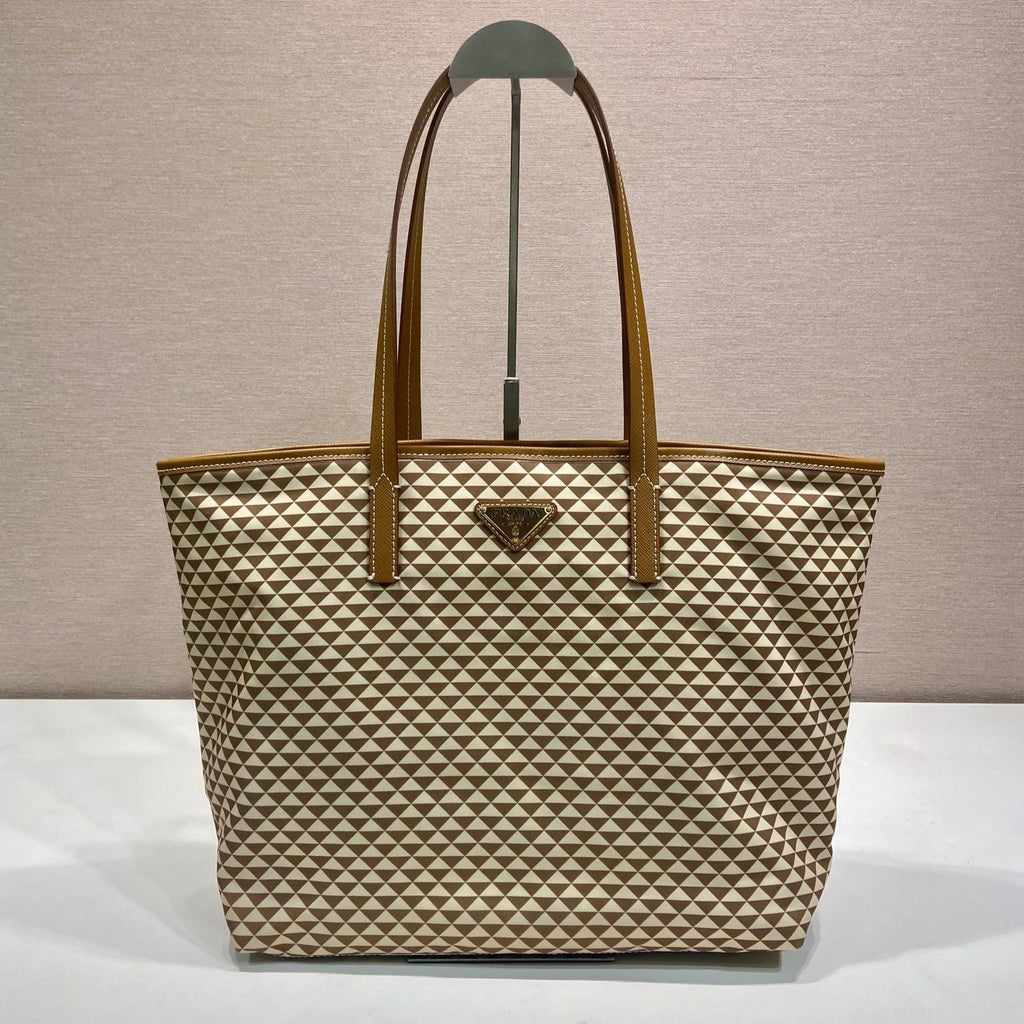 PRADA TOTE BAG 33 IN BROWN MIX CREAM TRIANGLE PATTERN EMBROIDERED FABRIC