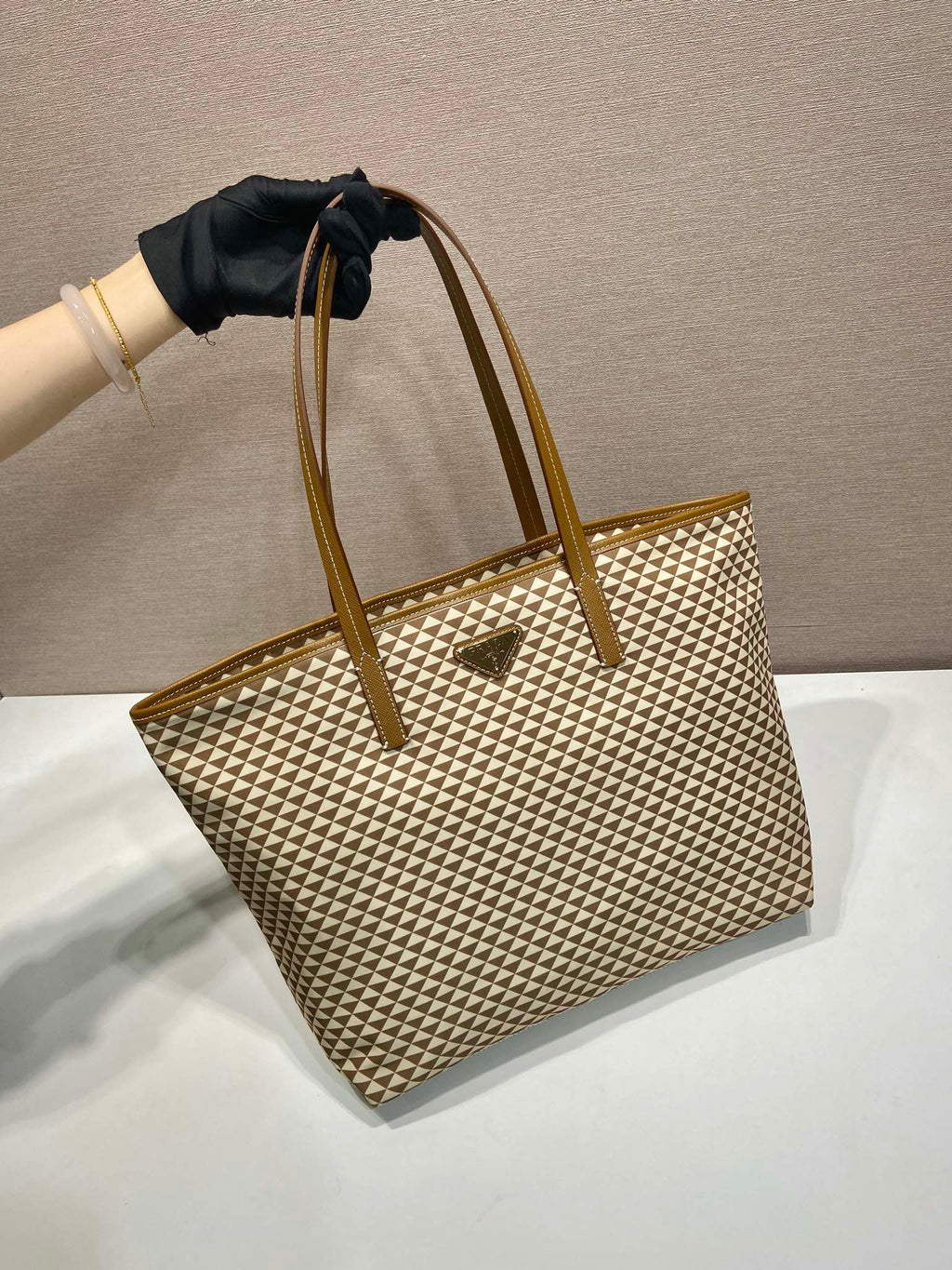 PRADA TOTE BAG 33 IN BROWN MIX CREAM TRIANGLE PATTERN EMBROIDERED FABRIC