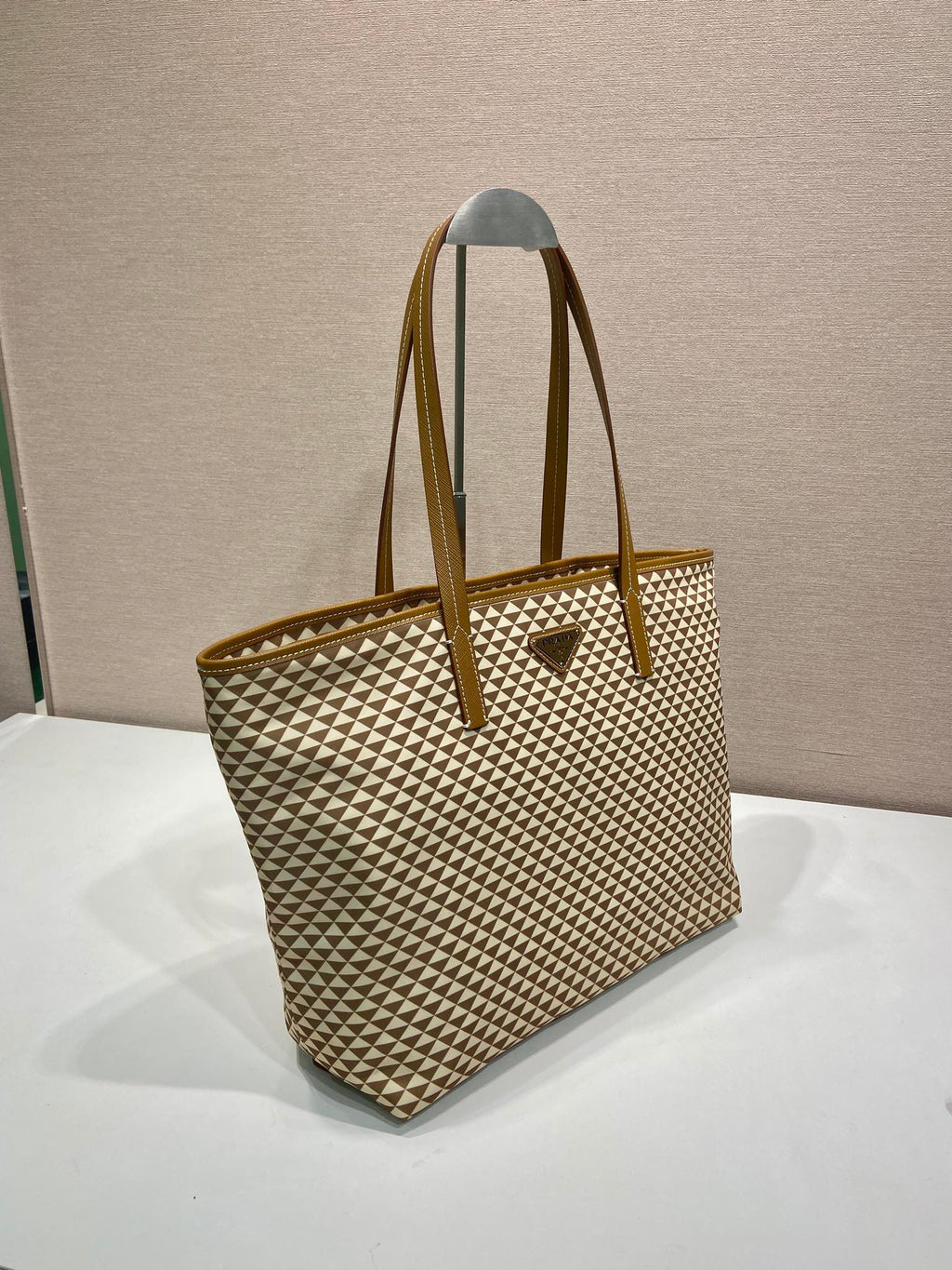 PRADA TOTE BAG 33 IN BROWN MIX CREAM TRIANGLE PATTERN EMBROIDERED FABRIC