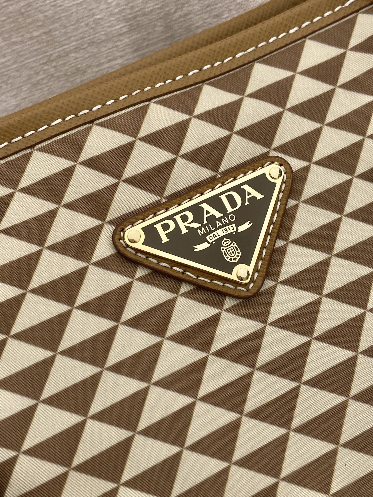 PRADA TOTE BAG 33 IN BROWN MIX CREAM TRIANGLE PATTERN EMBROIDERED FABRIC