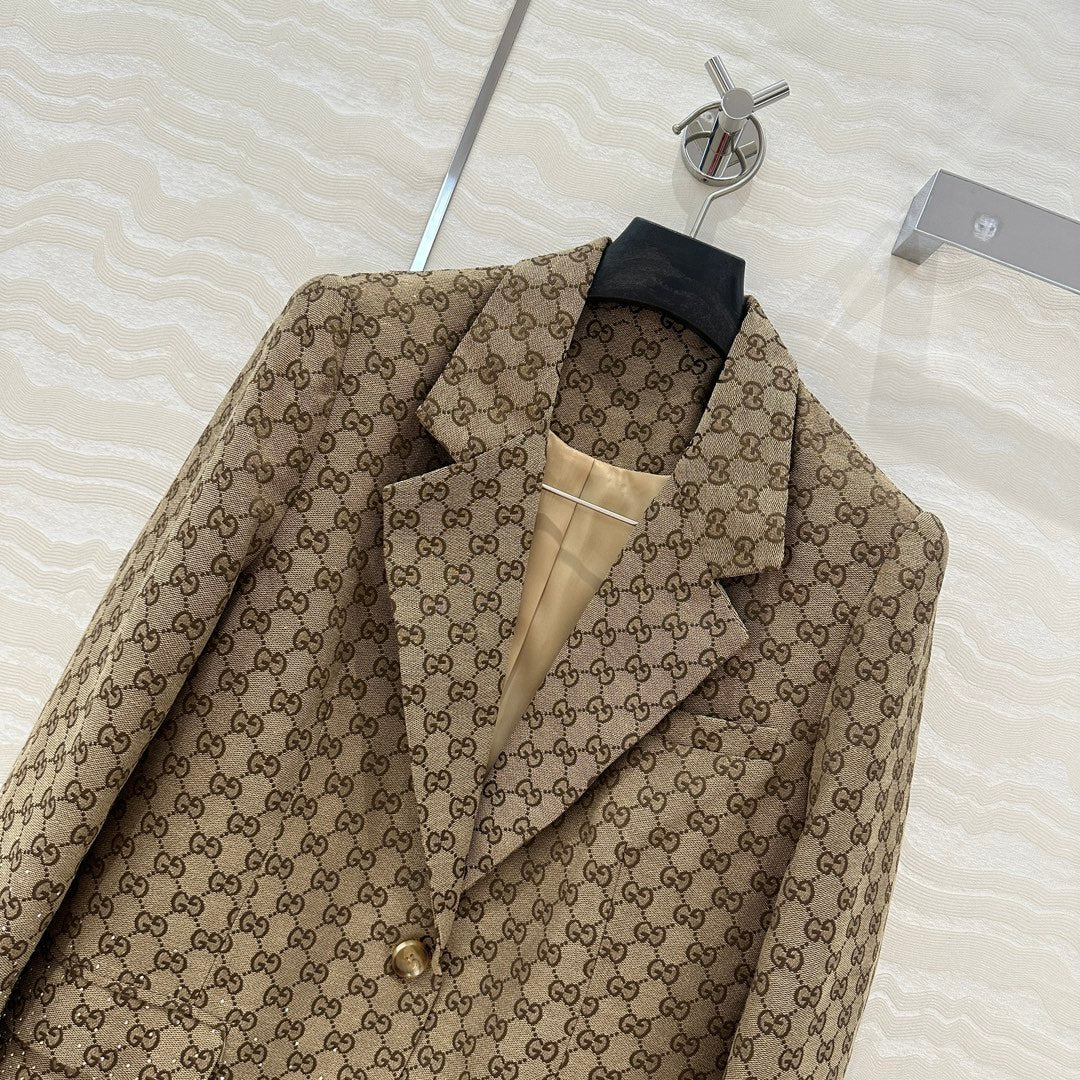 GUCCI Gucci Letter Jacquard Woven Jacket Light Brown Polyester Fiber