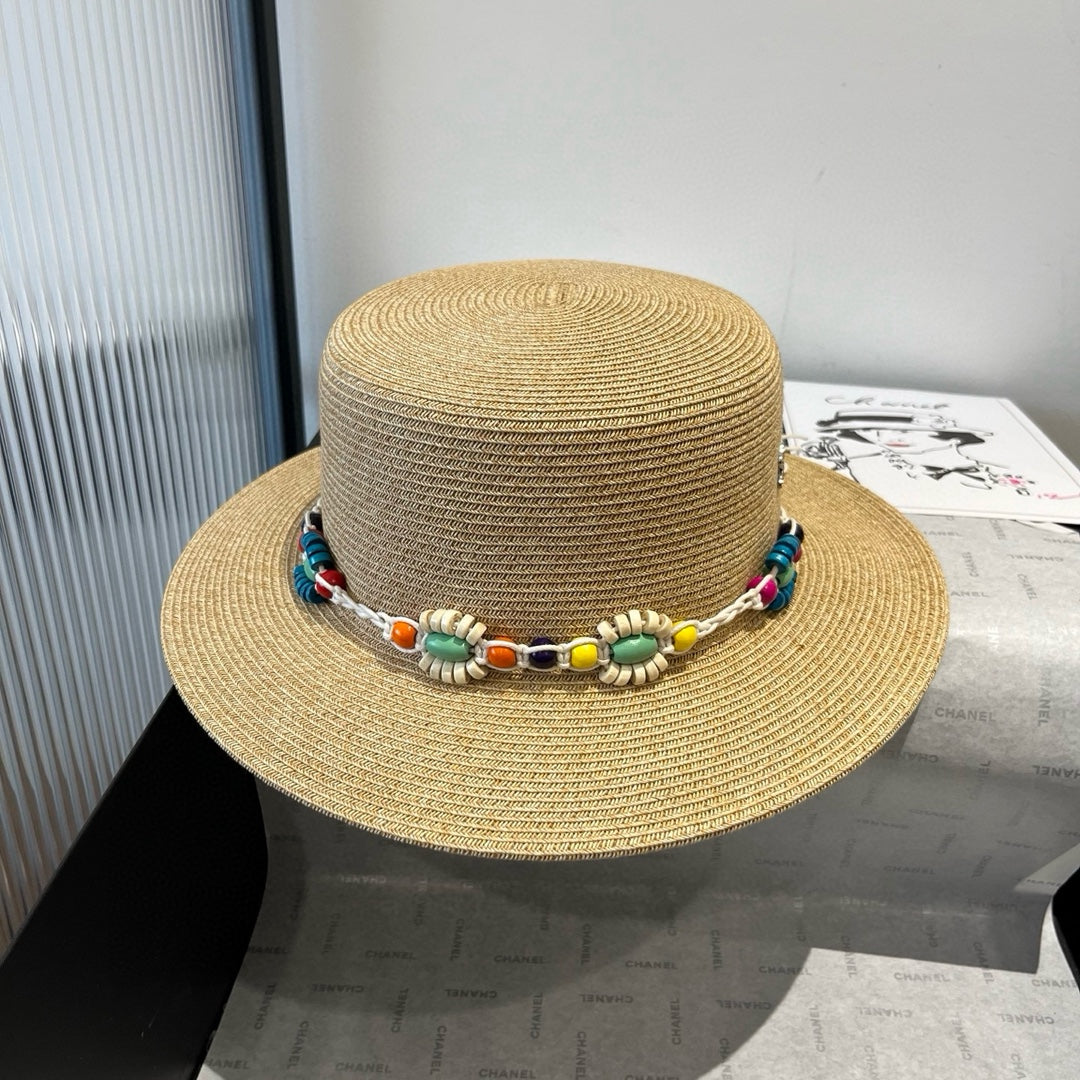 CELINE BEAD DECOR STRAW HAT MODEL 650345 IN NATURAL WOVEN STRAW