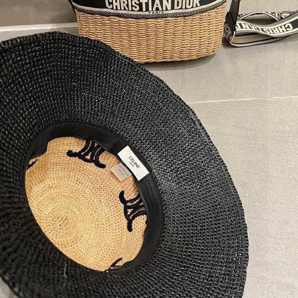CELINE WIDE BRIM HAT MODEL 650346 IN NATURAL & BLACK WOVEN STRAW