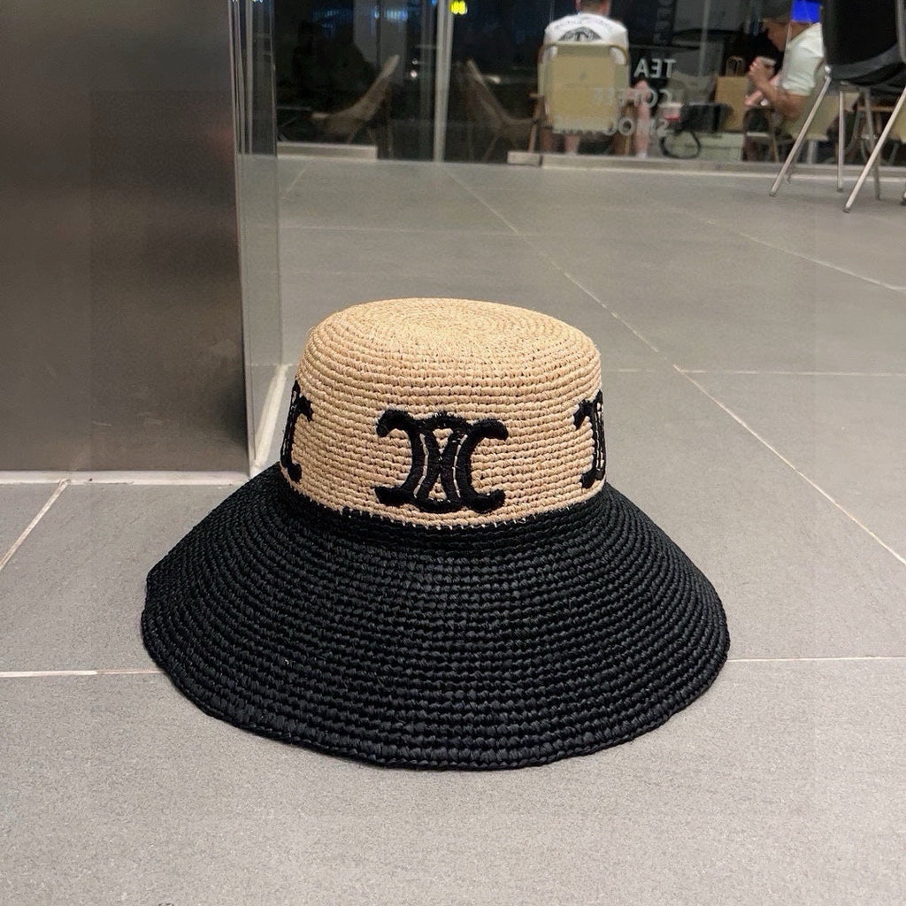 CELINE WIDE BRIM HAT MODEL 650346 IN NATURAL & BLACK WOVEN STRAW