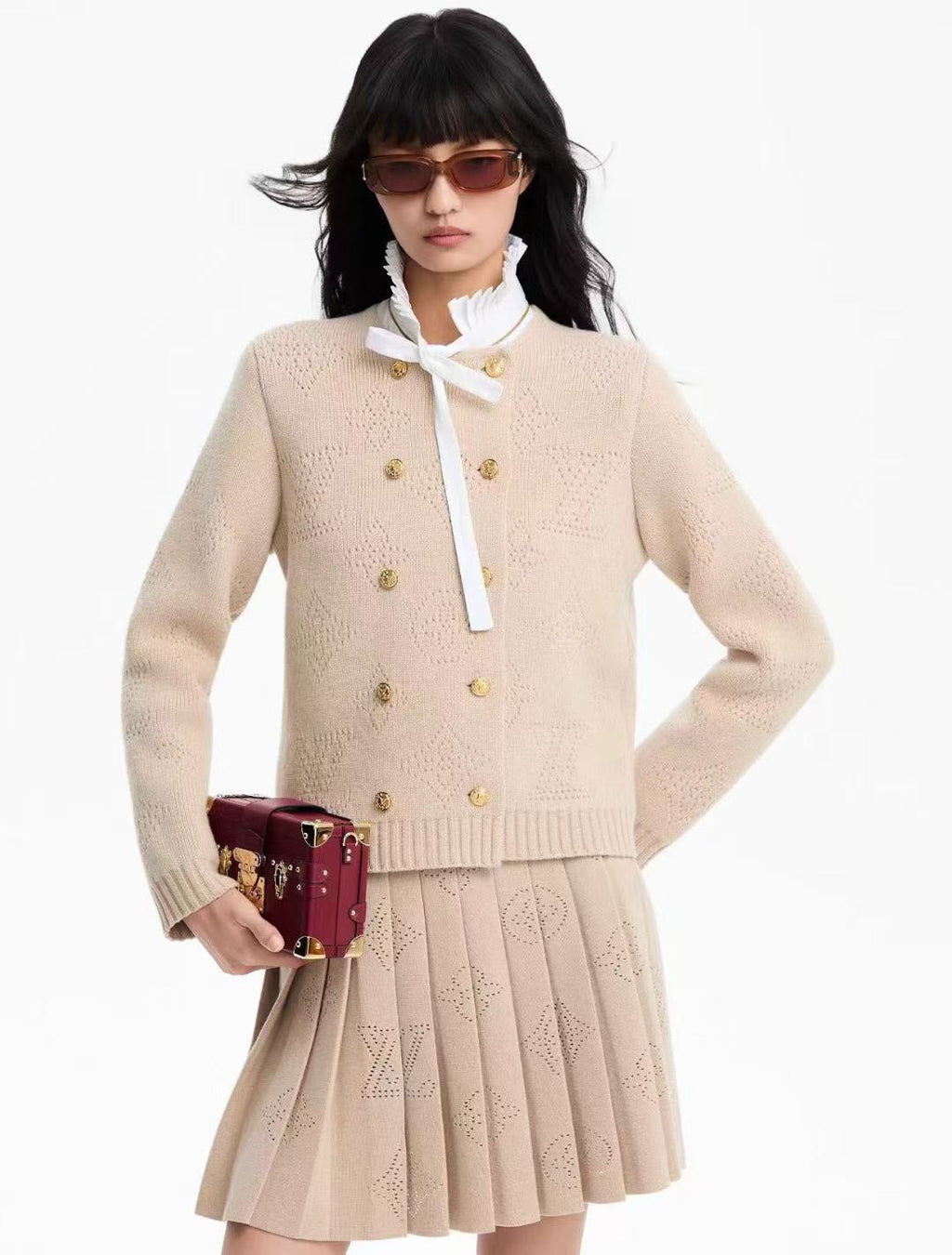 LOUIS VUITTON LV 25S KNIT CARDIGAN AND PLEATED KNIT MINI SKIRT SET 0108
