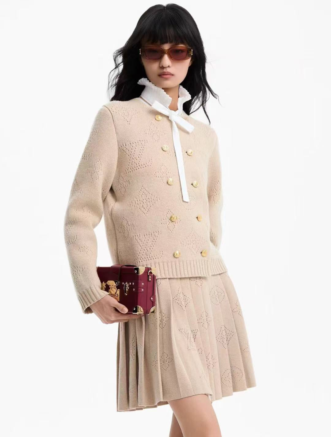 LOUIS VUITTON LV 25S KNIT CARDIGAN AND PLEATED KNIT MINI SKIRT SET 0108