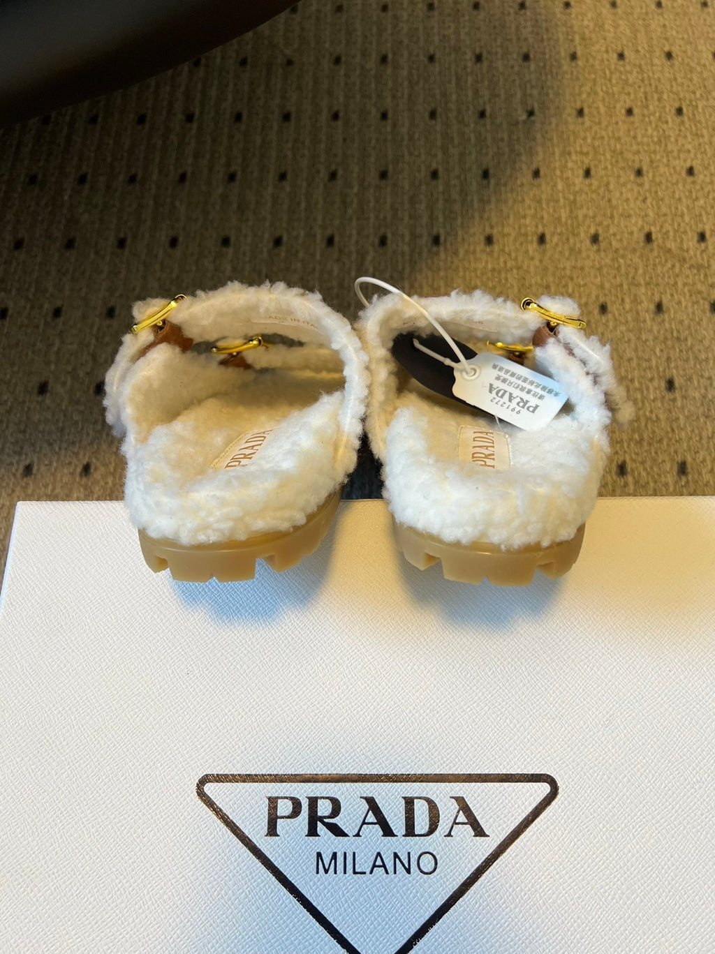 PRADA 25S TWO-STRAP SANLS IN BROWN SUEDE AND WHITE SHEARLING WITH GOLD HARDWARE