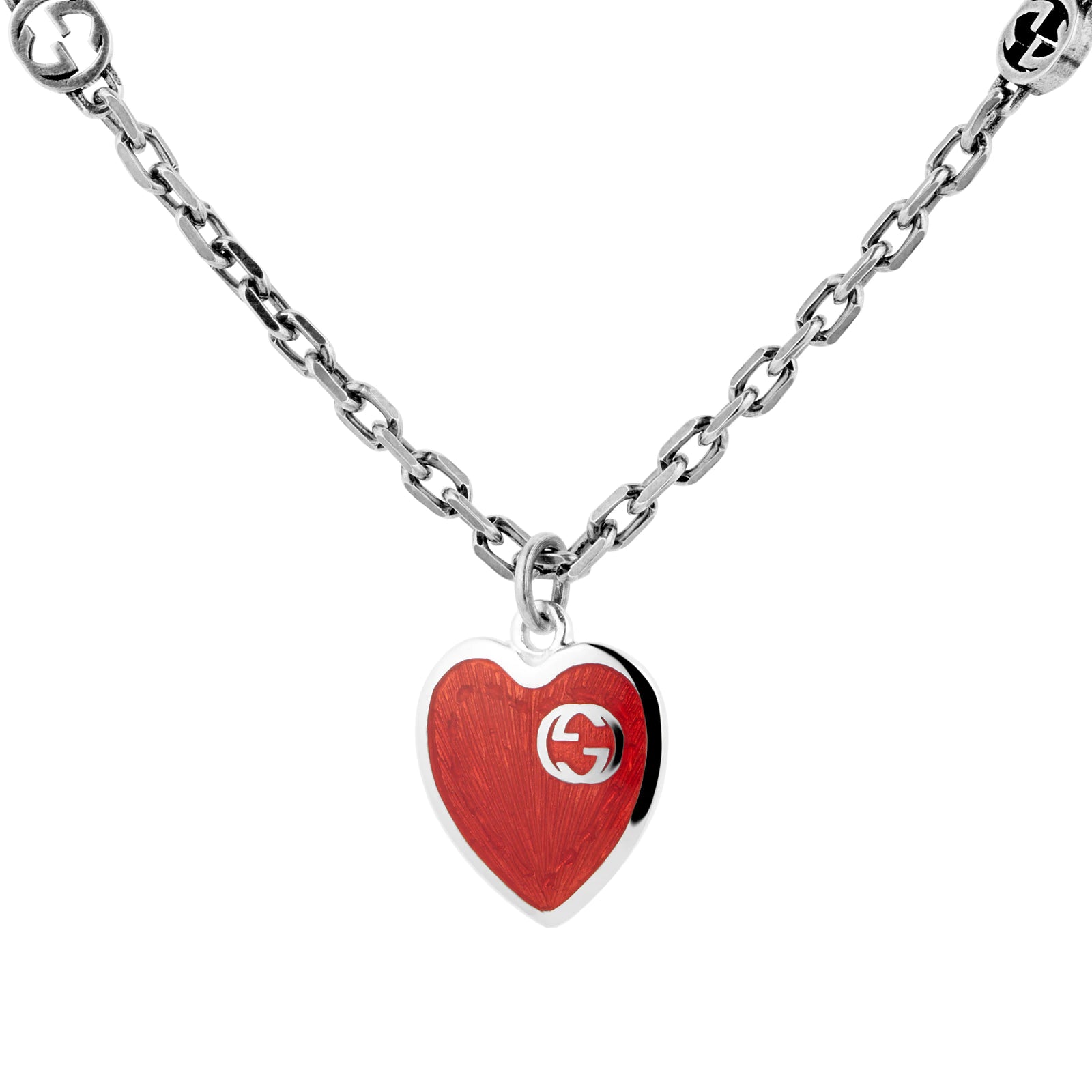 GUCCI HEARTS STERLING SILVER RED ENAMEL PENDANT NECKLACE