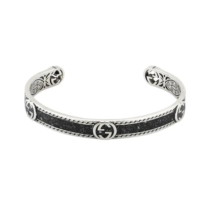 GUCCI INTERLOCKING G ENAMEL CUFF BRACELET SILVER & BLACK