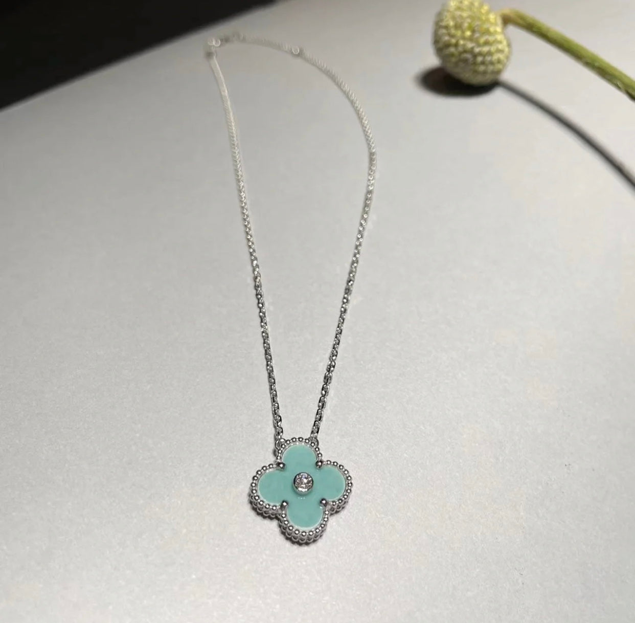 Van Cleef & Arpels CLOVER 1 DIAMOND LIGHT BLUE SILVER NECKLACE