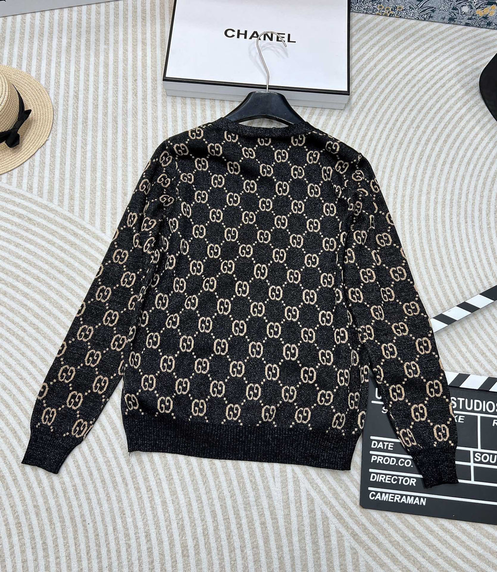 GUCCI V-Neck Long Sleeve Cardigan Black Beige Monogram