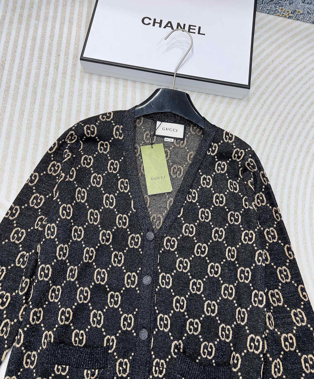 GUCCI V-Neck Long Sleeve Cardigan Black Beige Monogram