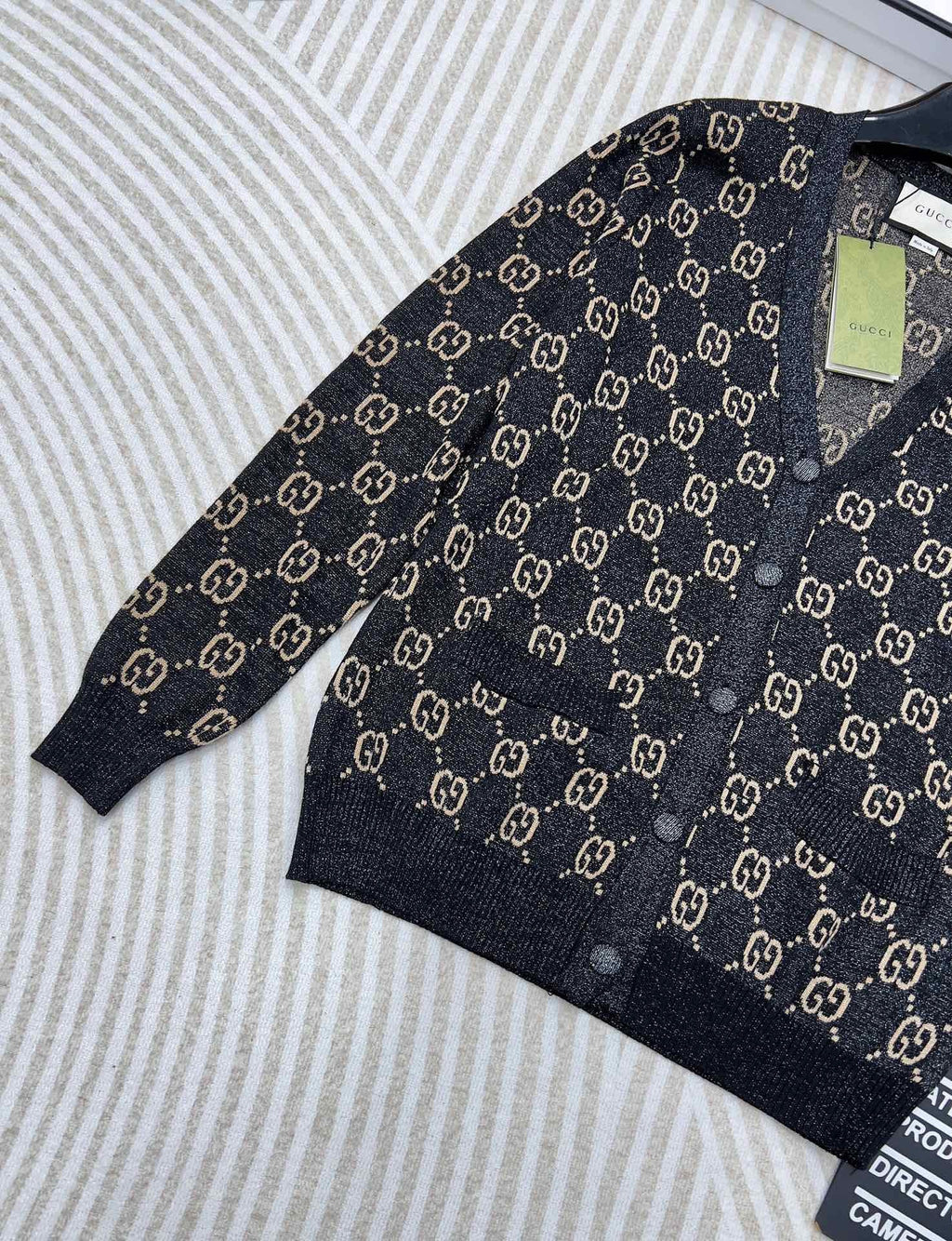 GUCCI V-Neck Long Sleeve Cardigan Black Beige Monogram