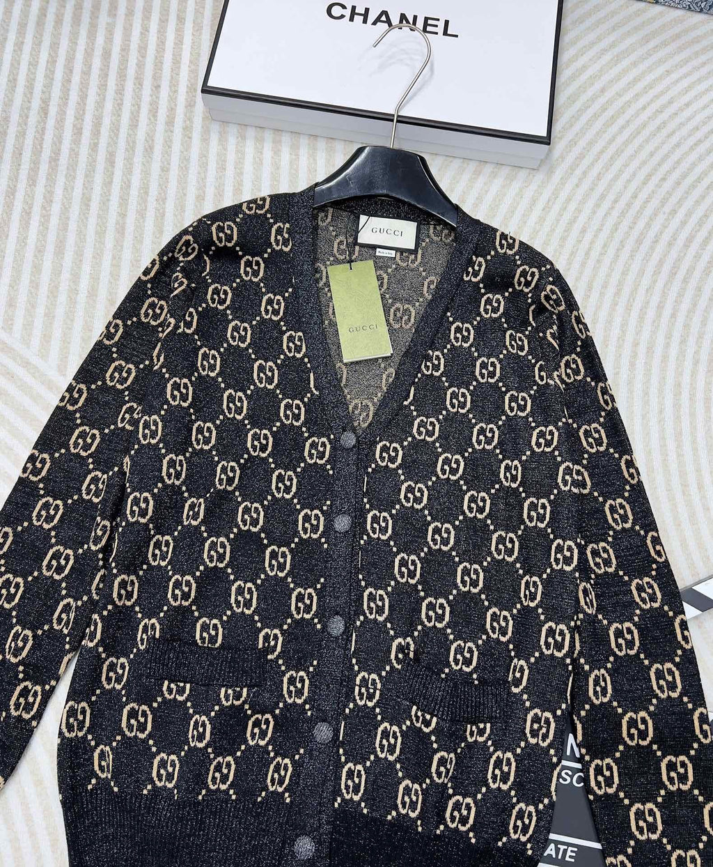GUCCI V-Neck Long Sleeve Cardigan Black Beige Monogram