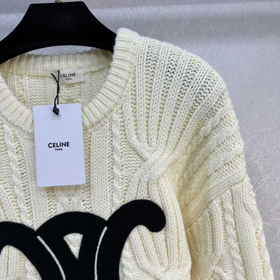 CELINE Celin Black Triomphe Cream Sweater
