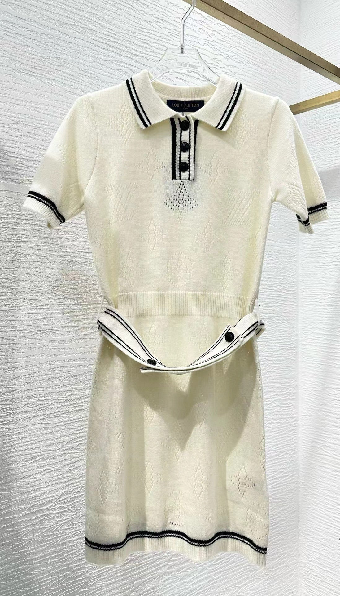 LOUIS VUITTON Stripe Accent Knit Polo Dress White Black Wool And Cashmere