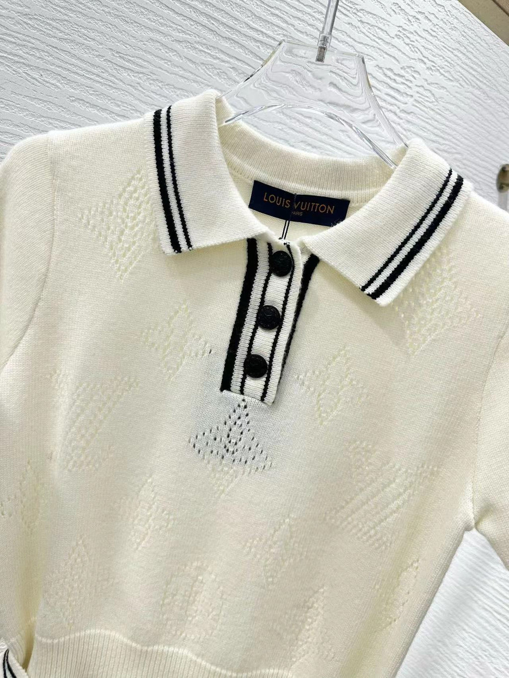 LOUIS VUITTON Stripe Accent Knit Polo Dress White Black Wool And Cashmere