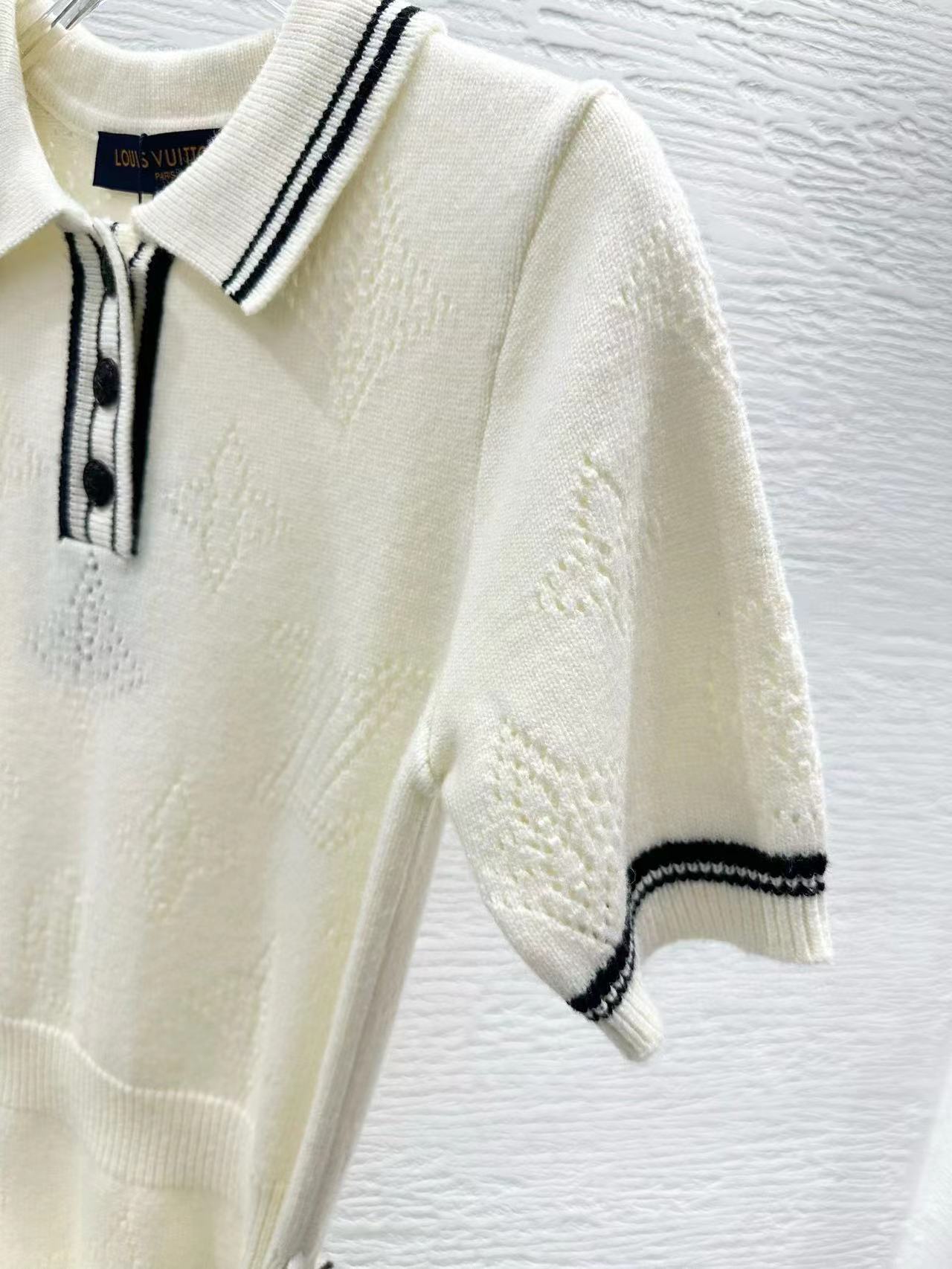LOUIS VUITTON Stripe Accent Knit Polo Dress White Black Wool And Cashmere