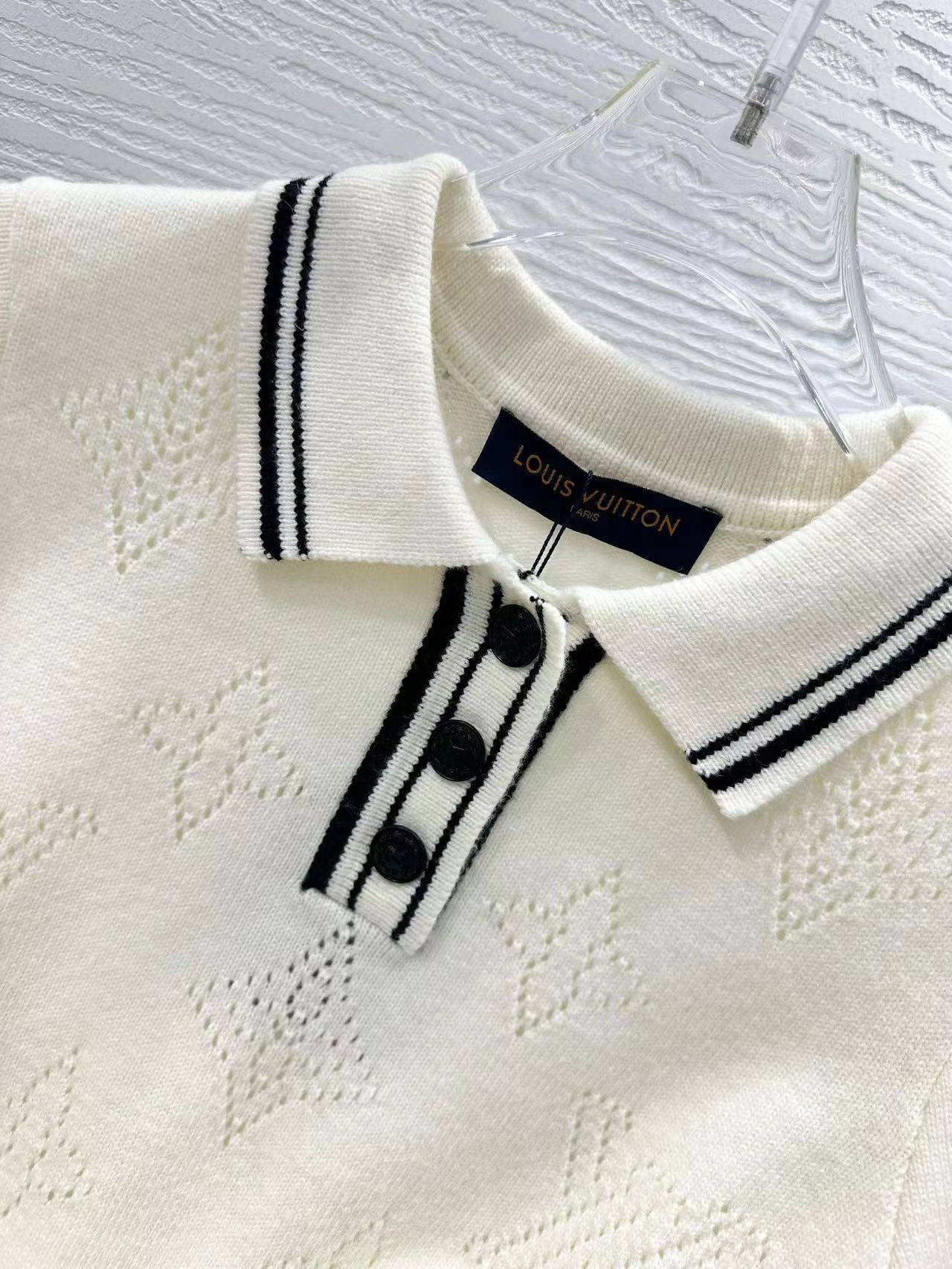 LOUIS VUITTON Stripe Accent Knit Polo Dress White Black Wool And Cashmere
