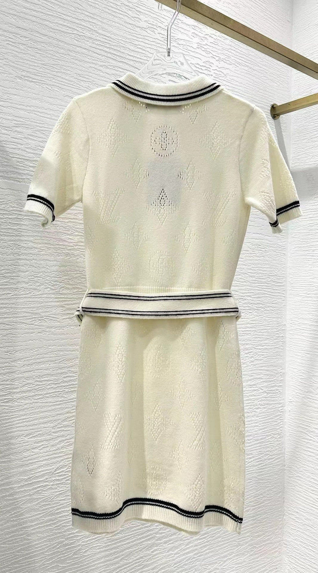 LOUIS VUITTON Stripe Accent Knit Polo Dress White Black Wool And Cashmere
