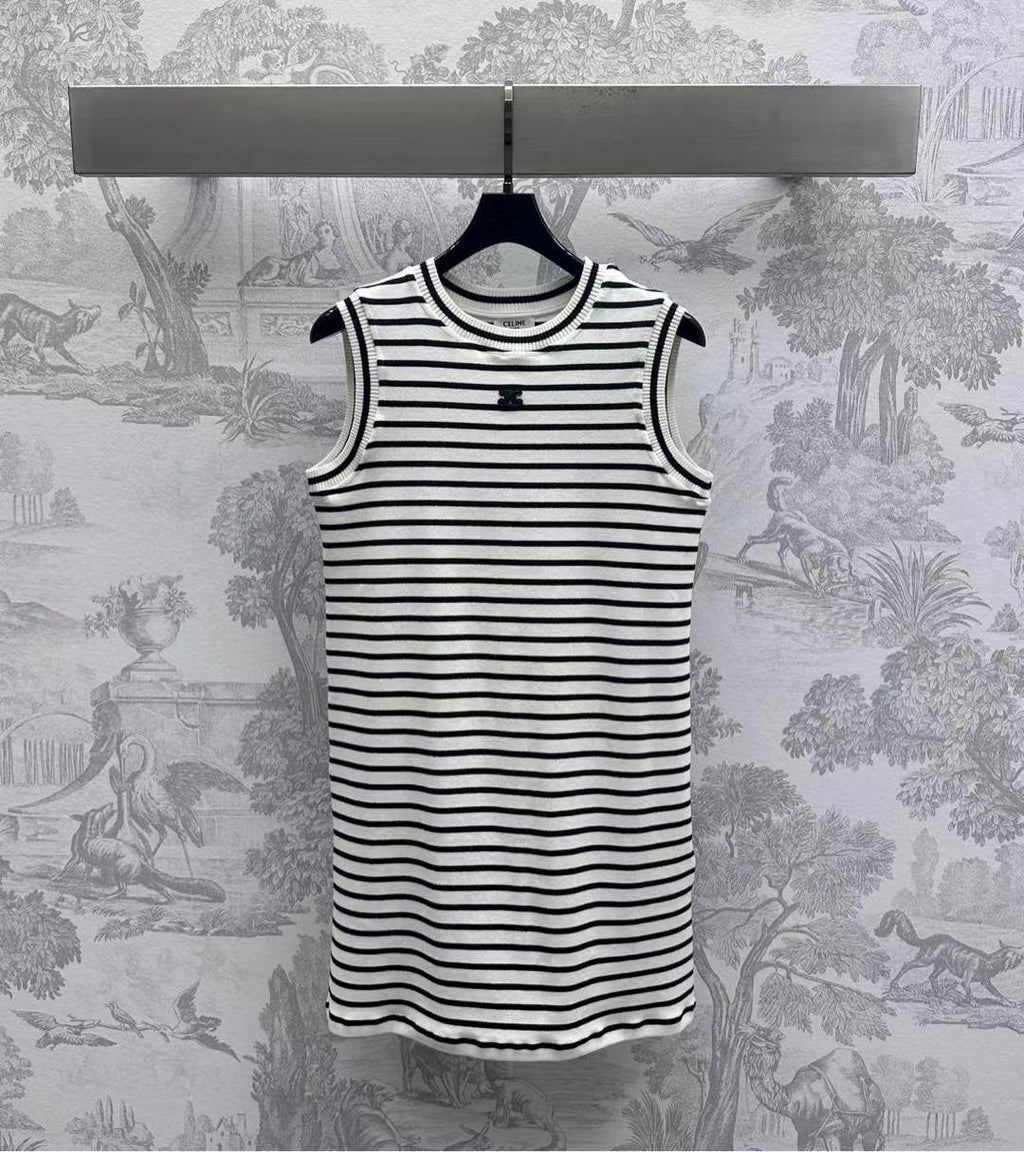 CELINE Triomphe Striped Mini Dress Black White Crocheted Cotton