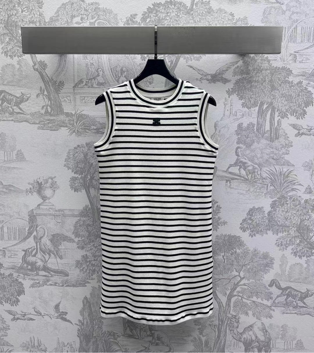 CELINE Triomphe Striped Mini Dress Black White Crocheted Cotton