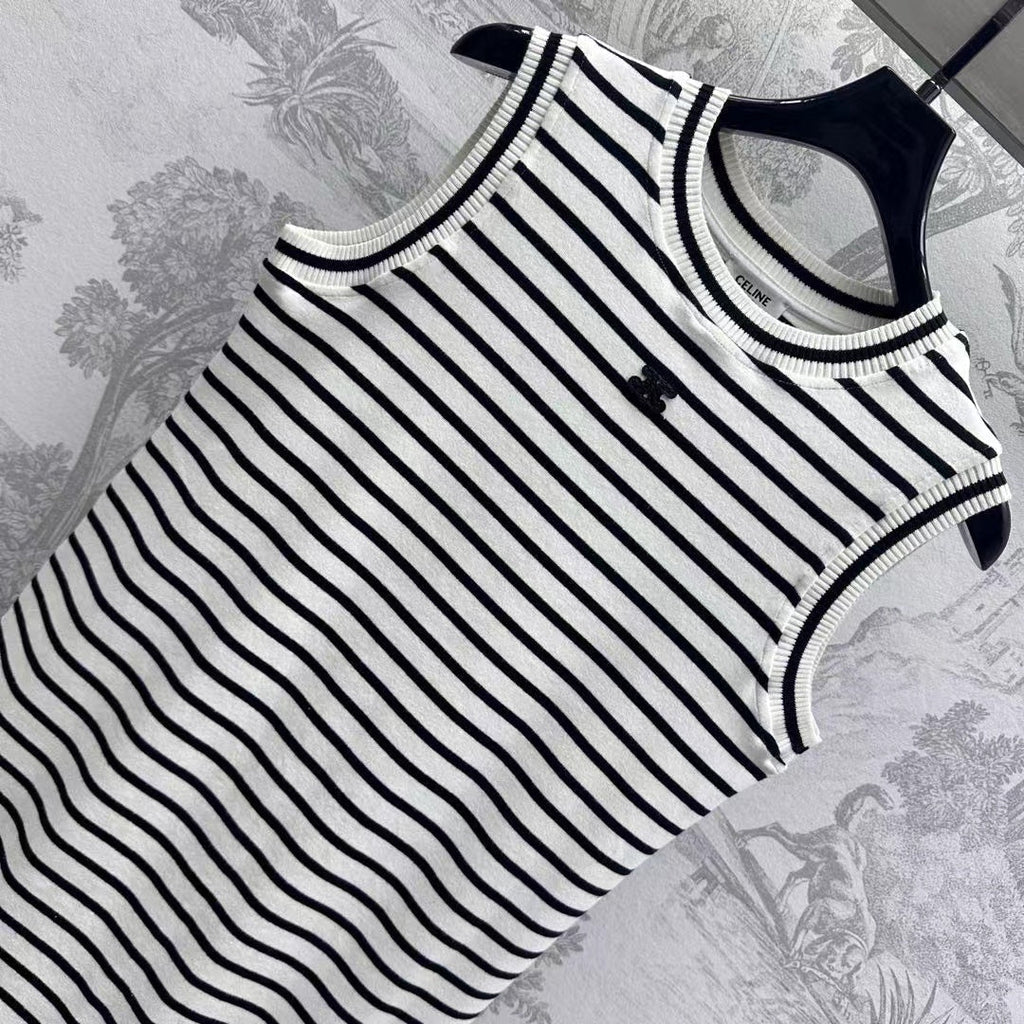 CELINE Triomphe Striped Mini Dress Black White Crocheted Cotton