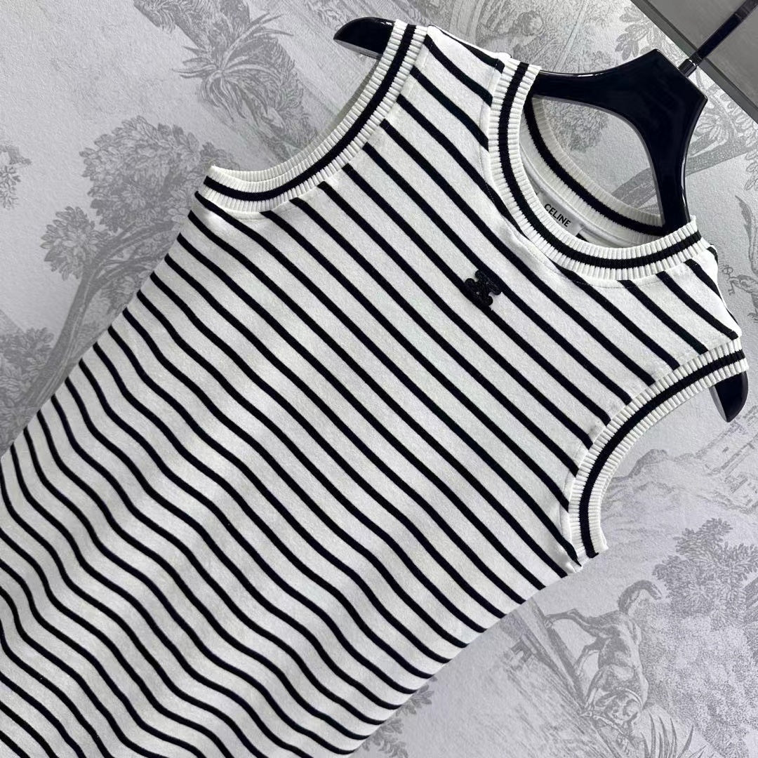CELINE Triomphe Striped Mini Dress Black White Crocheted Cotton