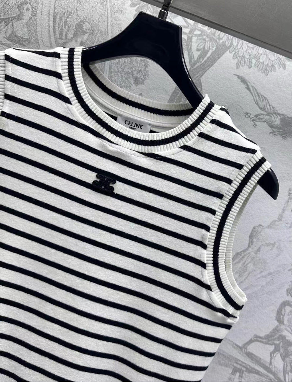 CELINE Triomphe Striped Mini Dress Black White Crocheted Cotton