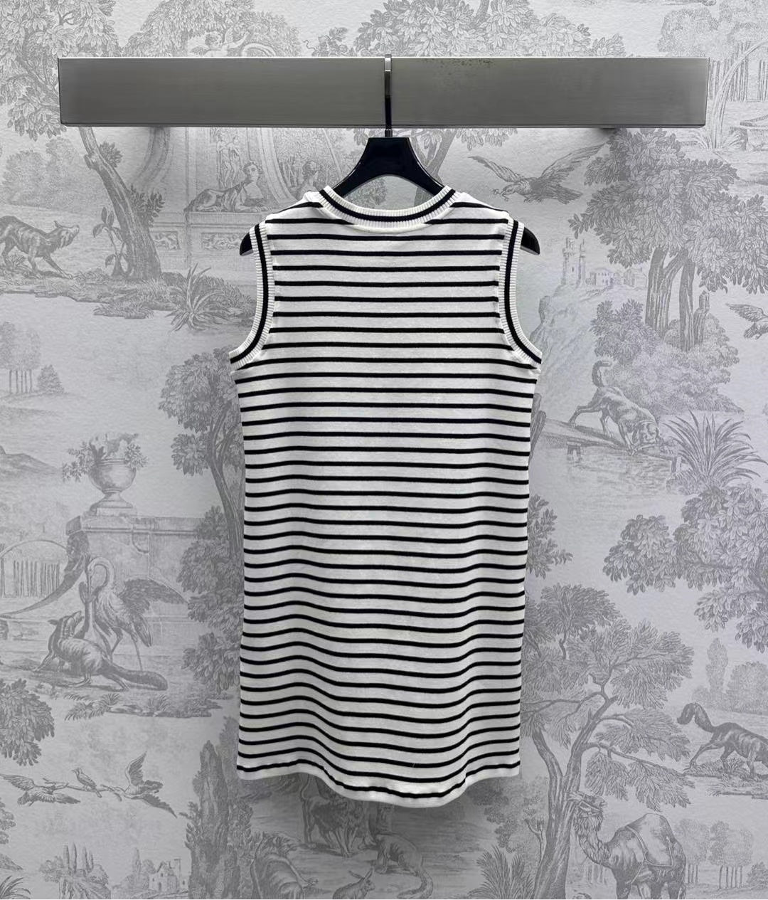 CELINE Triomphe Striped Mini Dress Black White Crocheted Cotton
