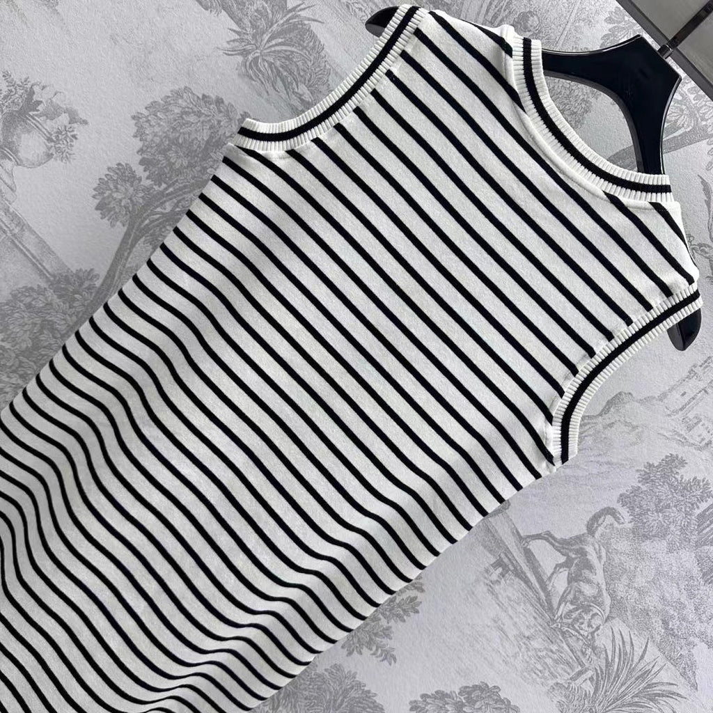 CELINE Triomphe Striped Mini Dress Black White Crocheted Cotton