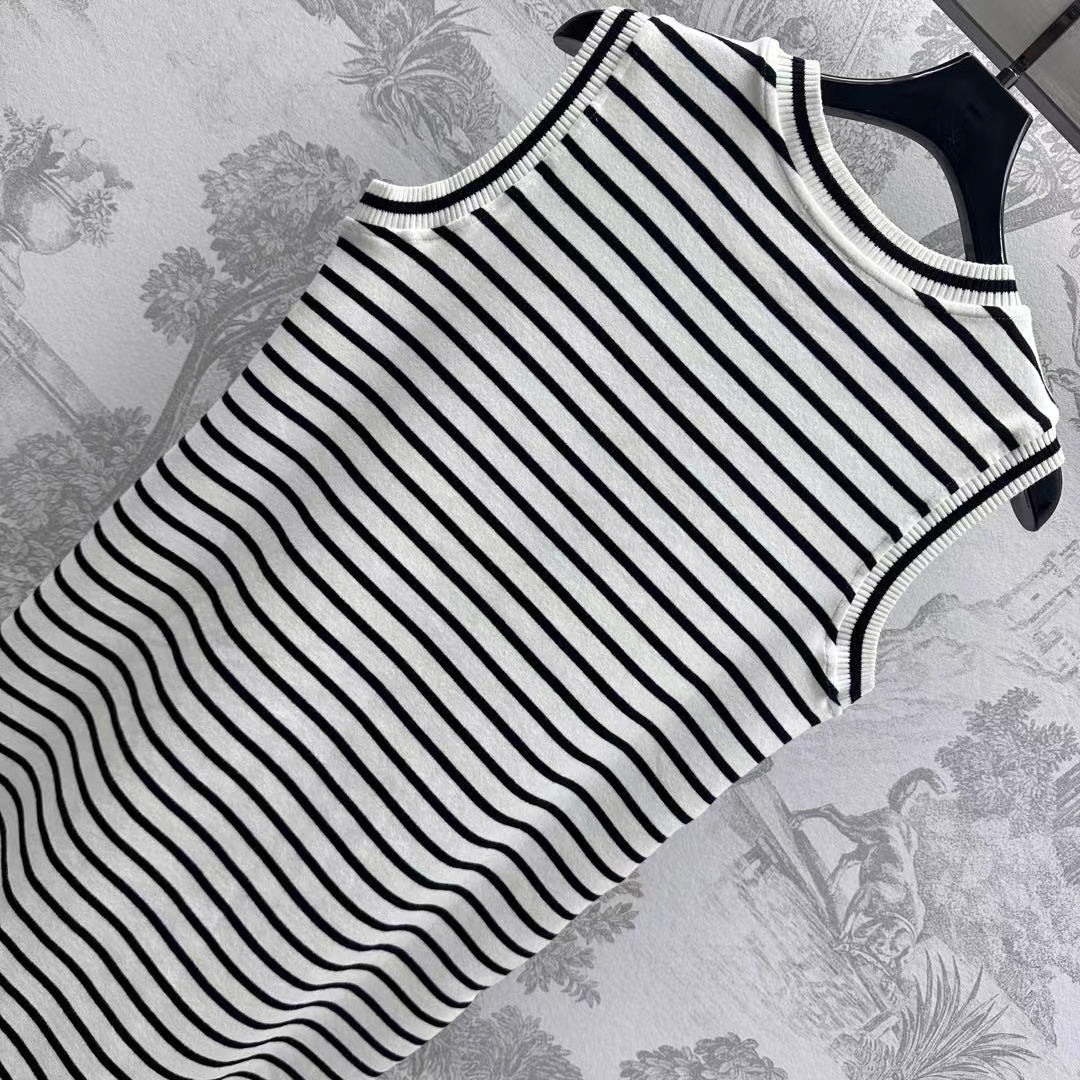CELINE Triomphe Striped Mini Dress Black White Crocheted Cotton