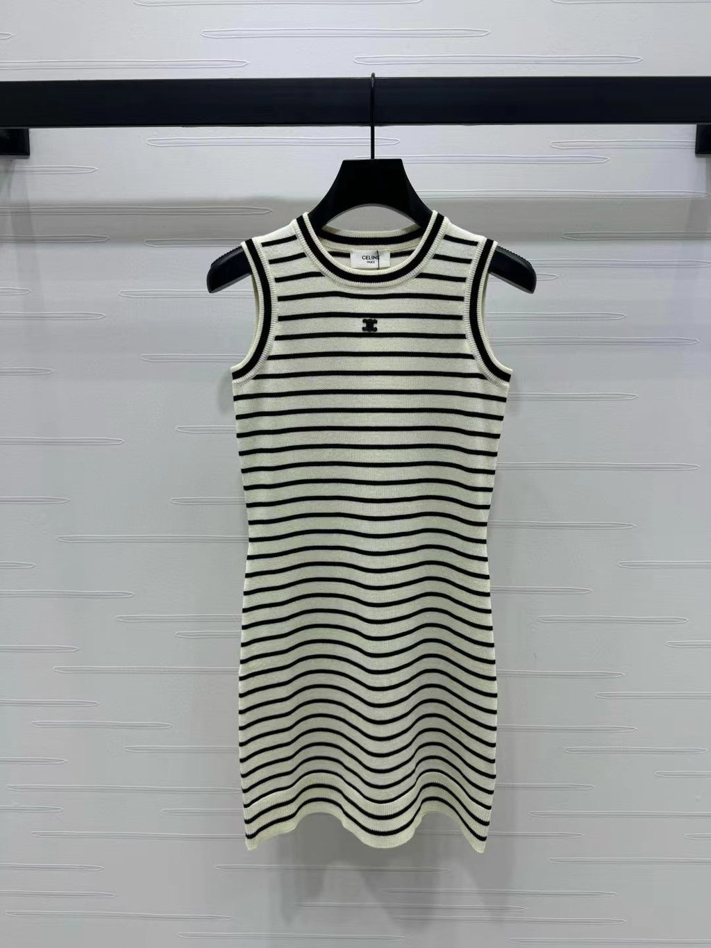 CELINE Triomphe Striped Mini Dress Black White Crocheted Cotton