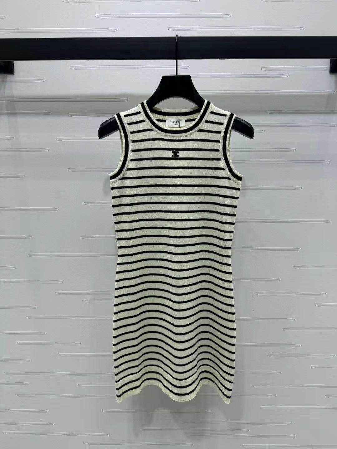 CELINE Triomphe Striped Mini Dress Black White Crocheted Cotton