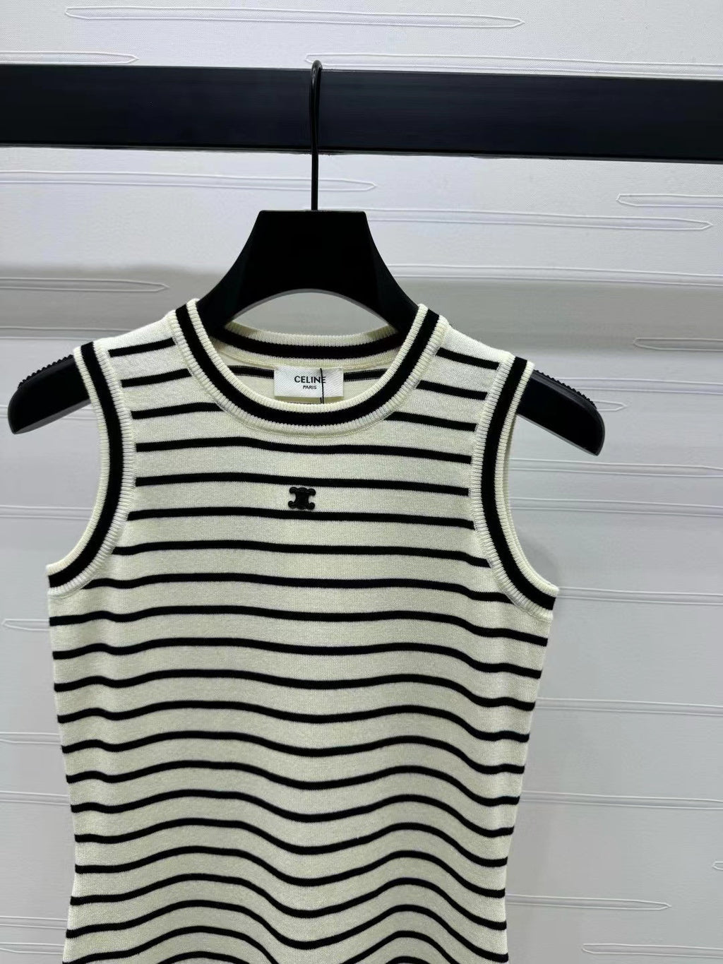 CELINE Triomphe Striped Mini Dress Black White Crocheted Cotton