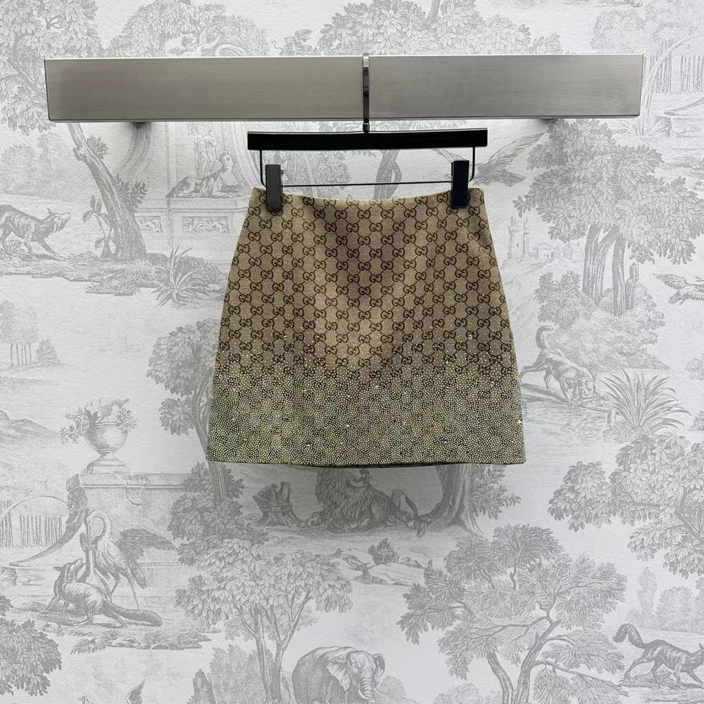 GUCCI Brown Mix Light Green Canvas Mini Skirt With Embroidery