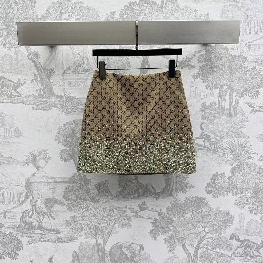 GUCCI Brown Mix Light Green Canvas Mini Skirt With Embroidery