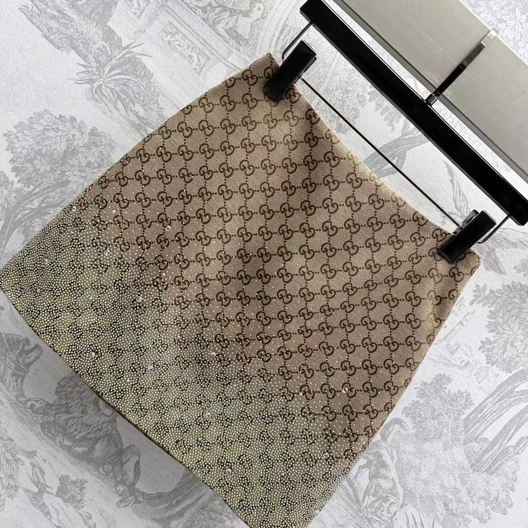GUCCI Brown Mix Light Green Canvas Mini Skirt With Embroidery