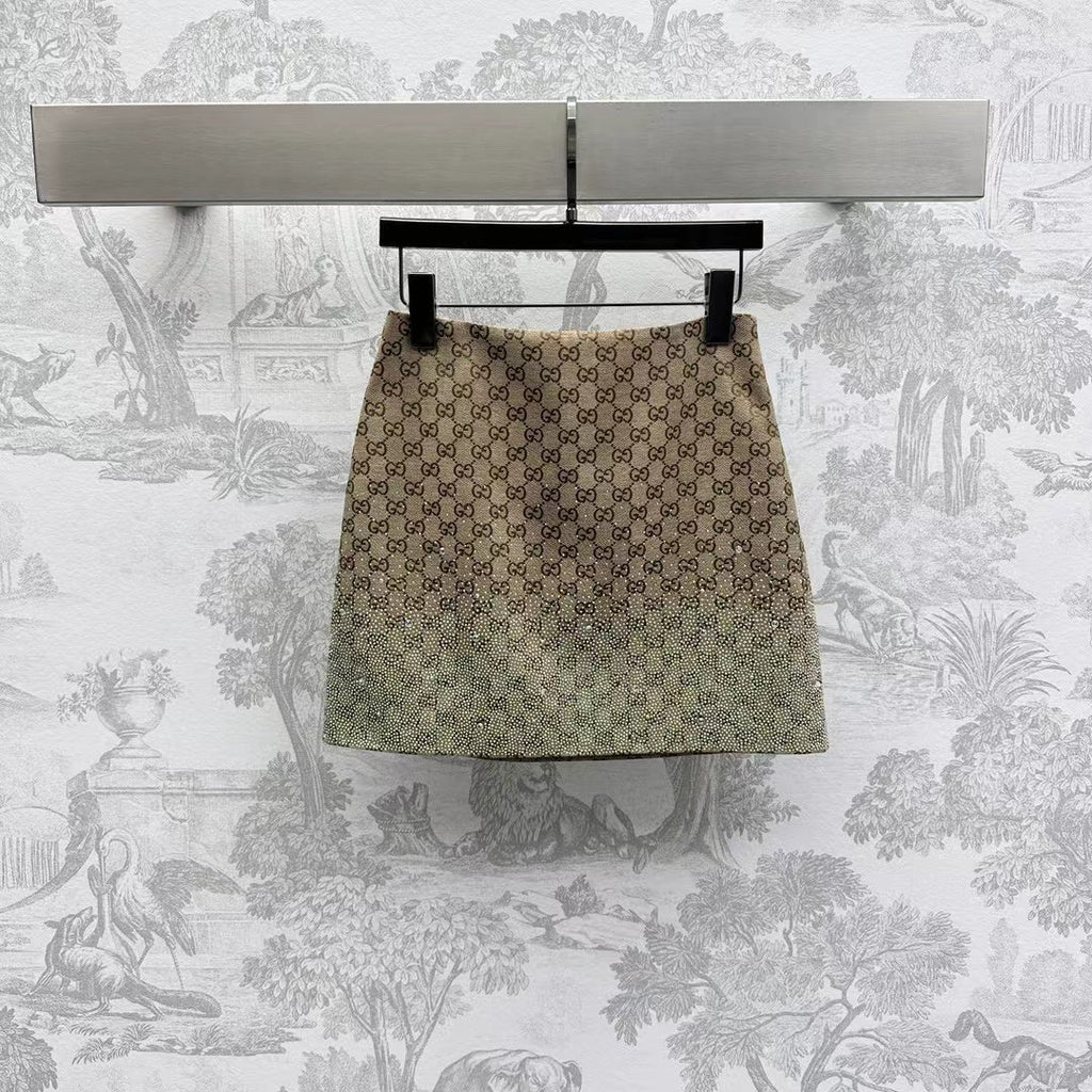 GUCCI Brown Mix Light Green Canvas Mini Skirt With Embroidery