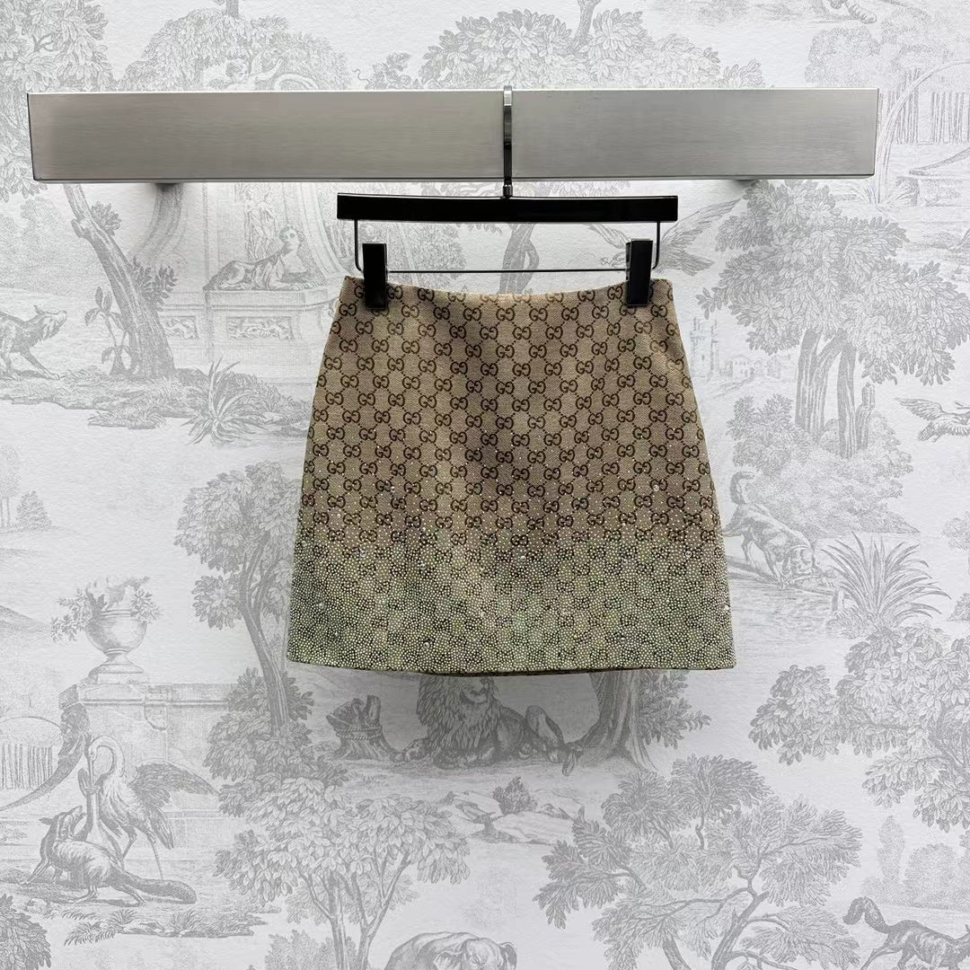 GUCCI Brown Mix Light Green Canvas Mini Skirt With Embroidery