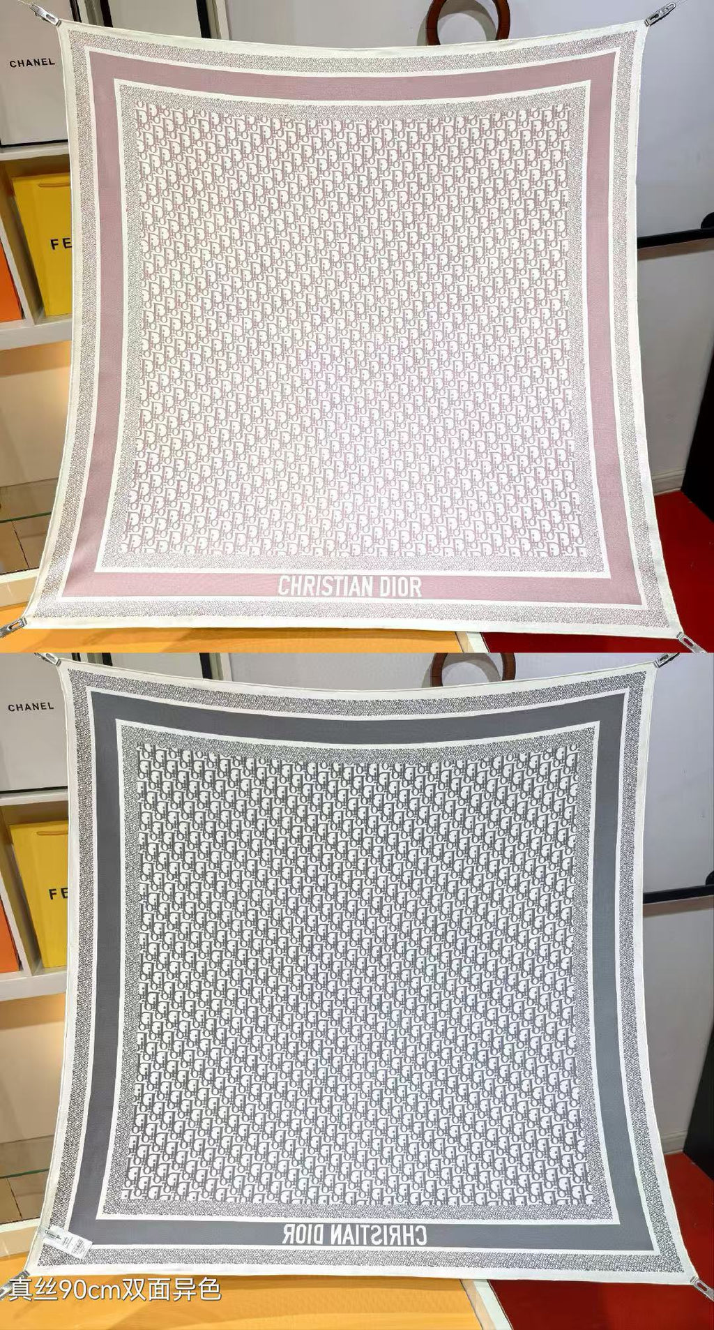 DIOR CD SCARF DOUBLE-SIDED IN PINK AND GREY MONOGRAM SILK