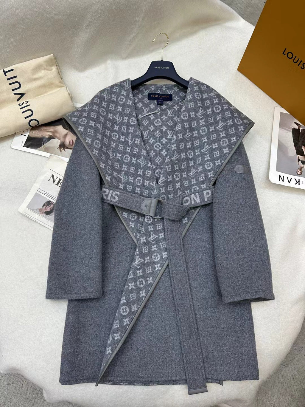 LOUIS VUITTON LV MONOGRAM MAXI COLLAR COAT IN GRAY WOOL