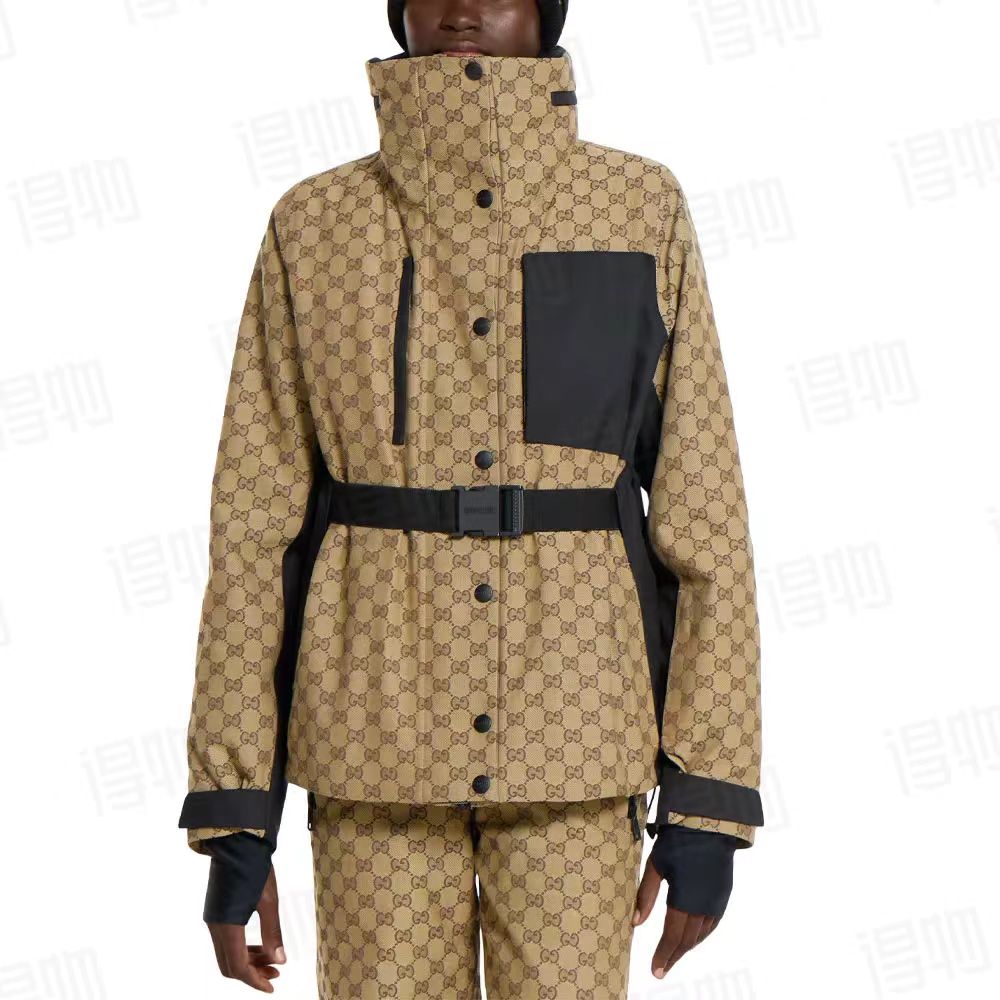 GUCCI TECHNICAL FABRIC JACQUARD JACKET IN BEIGE AND DARK BROWN